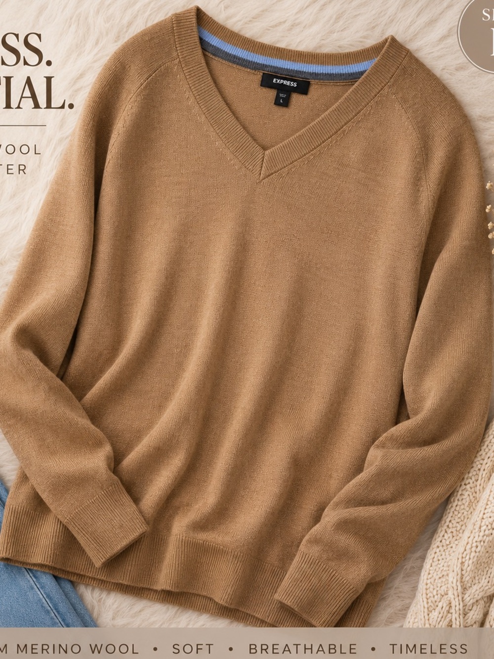 Express Men’s V-Neck Sweater — Camel Tan